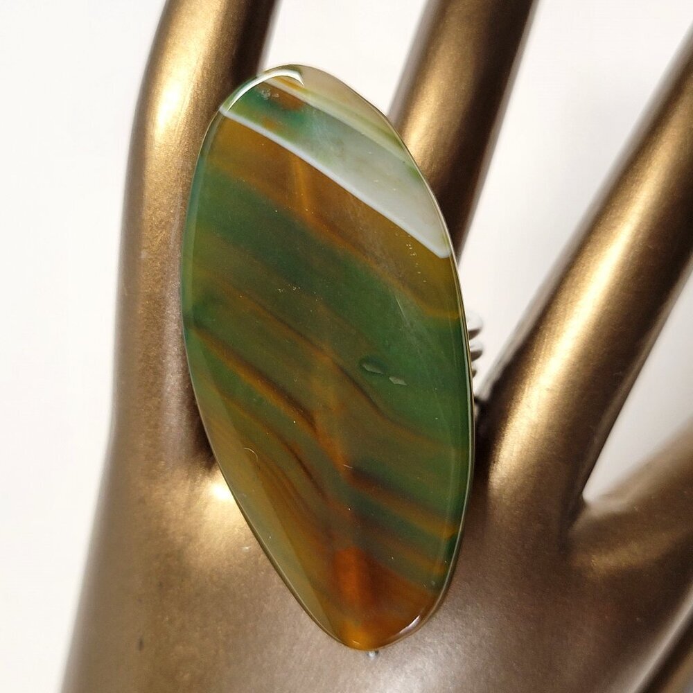 Green Agate Ring Adjustable Band Handmade Semi Precious Ring- Unique !